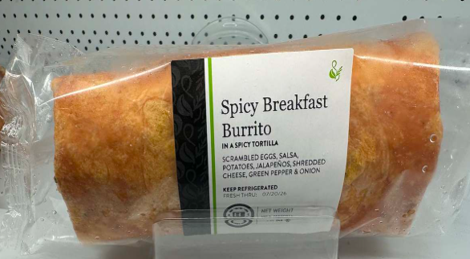 Front of package label for Sprig & Sprout Spicy Breakfast Burrito, 8.3 oz (234g), UPC 1 00001 00029 7, with Fresh Thru date of 07/20/26. recalled product/package image