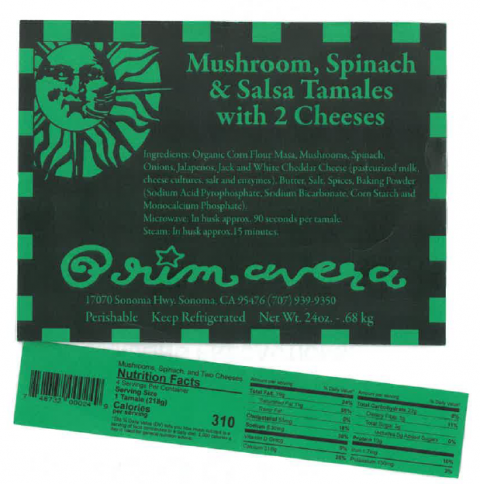 Primavera Mushroom, Spinach, and Salsa Tamales with 2 Cheeses recalled product/package image