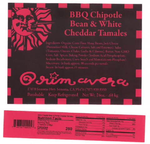 Primavera BBQ Chipotle Bean and White Cheddar Tamales recalled product/package image