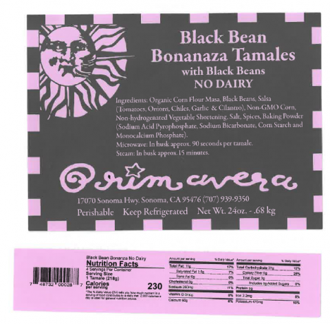 Primavera Black Bean Bonanza Tamales No Dairy recalled product/package image