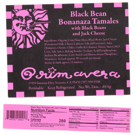 Primavera Black Bean Bonanza Tamales with Black Beans and Jack Cheese recalled product/package image