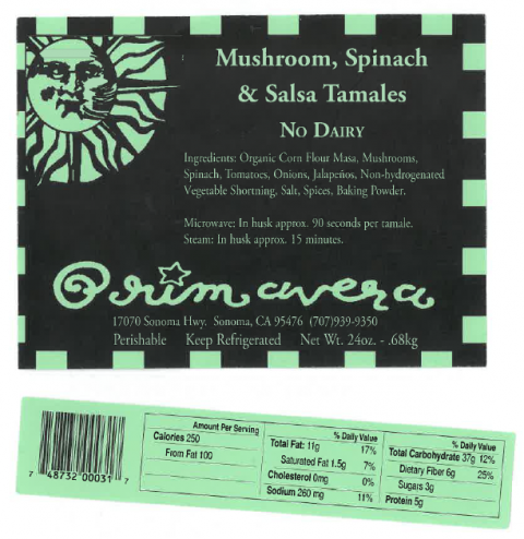 Primavera Mushroom, Spinach, and Salsa Tamales No Dairy recalled product/package image