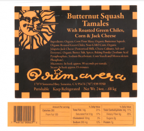 Primavera Butternut Squash Tamales recalled product/package image