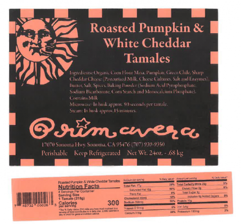 Primavera Roasted Pumpkin and White Cheddar Tamales recalled product/package image