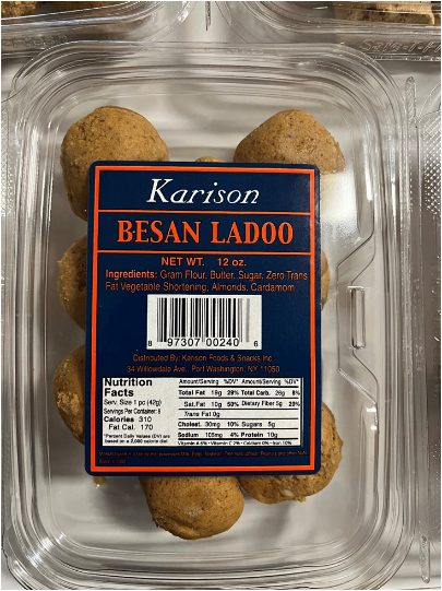 KARISON BESAN LADDOO, NET WT. 12 oz., UPC 897307002406 recalled product/package image