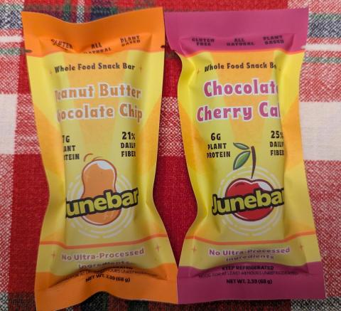 Photograph of Peanut Butter Chocolate Chip and Chocolate Cherry Junebars, 2.39 oz. recalled product/package image