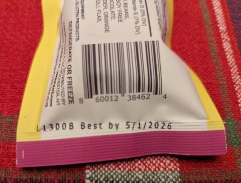 Photograph of product code for Peanut Butter Chocolate Chip Junebar, 2.39 oz. recalled product/package image
