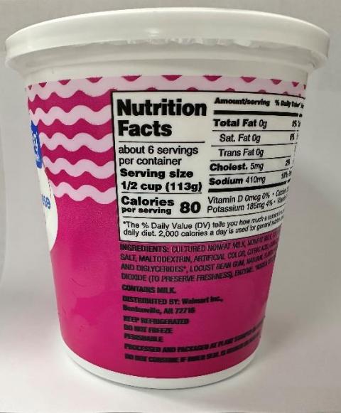 24 oz. container Great Value Fat Free Small Curd Cottage Cheese – 0% Milkfat recalled product/package image