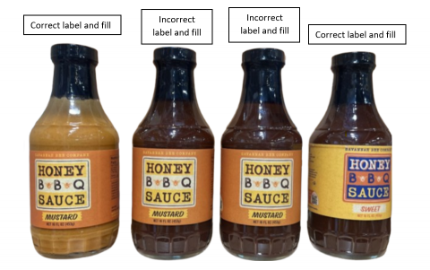 Photograph of correct and incorrect labels of Honey BBQ Sauce Mustard/Sweet in 16 oz bottles. recalled product/package image