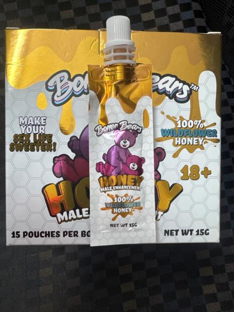 Image of single tube and outer packaging, Boner Bear Honey Male Enhancement NET WT 15G, 01/28 UPC code 788362191603 recalled product/package image