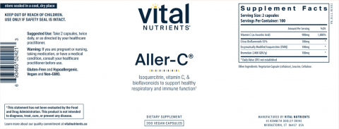 Image of complete label, Vital Nutrients Aller-C Dietary Supplement 200 Vegan Capsules, UPC 693465524213 recalled product/package image