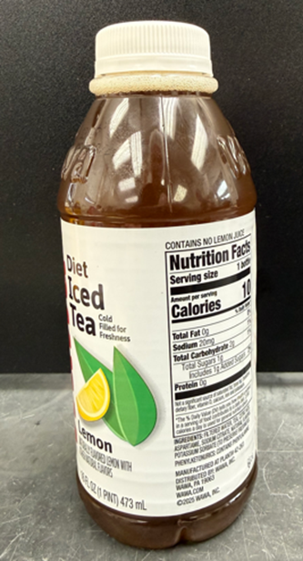Wawa Diet Iced tea, Lemon 16 oz pint bottle (side view) recalled product/package image