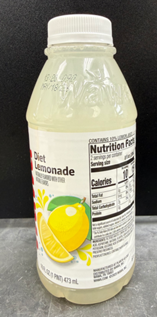 Wawa Iced tea, diet lemonade 16 oz pint bottle (Side view) recalled product/package image