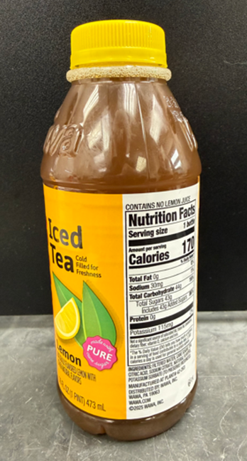 Wawa Iced tea, Lemon 16 oz pint bottle (side view) recalled product/package image