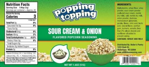 Popping Topping Sour Cream and Onion, Net Wt, 1.6 oz, Best Buy Date 05/18/2027 recalled product/package image