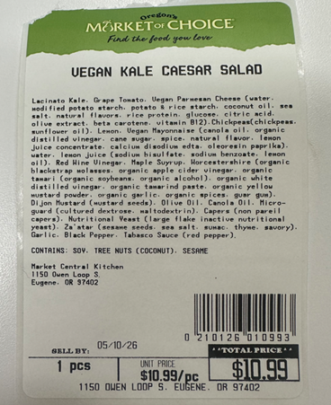 Image of scale label, Market of Choice Vegan Kale Caesar Salad, UPC 0 210126 01099 3 recalled product/package image