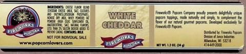 Label, Fireworks Popcorn White Cheddar Popcorn Seasoning, Net Wt. 1.2 oz. recalled product/package image