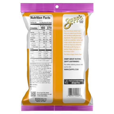 2.5 oz Zapp’s Big Cheezy Potato Chips, back label recalled product/package image