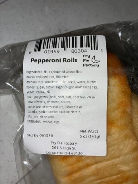 “Front of Package, Fry Pie Factory Pepperoni Rolls, 5 oz” recalled product/package image