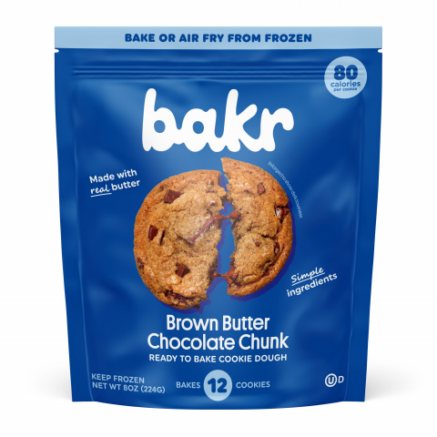 Image of front pouch label, bakr Brown Butter Chocolate Chunk Ready to Baek Cookie Dough, Bakes 12 Cookies, Net Wt 8 oz (224g) recalled product/package image