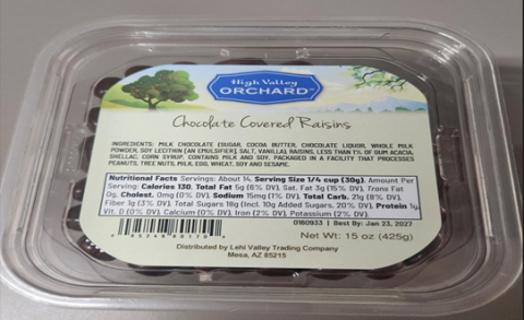 Image of High Valley Orchard Chocolate Covered Raisins, Net Wt 15 oz, lot 0160933, best by Jan 23, 2027 recalled product/package image